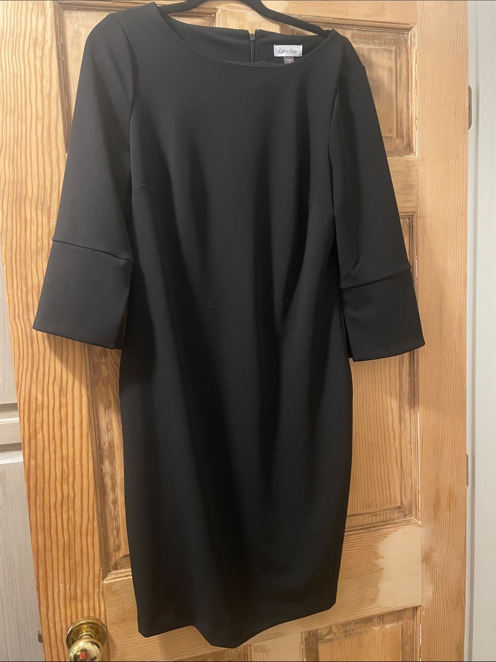Calvin Klein Black Shift Dress Size 12 LBD 3/4 Bell Sleeve Work Cocktail